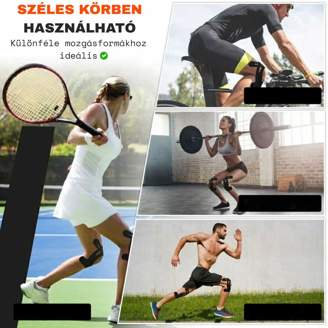 TestKomfort™ – Előre vágott, rugalmas, vízálló, bőrbarát kineziológiai térdszalag