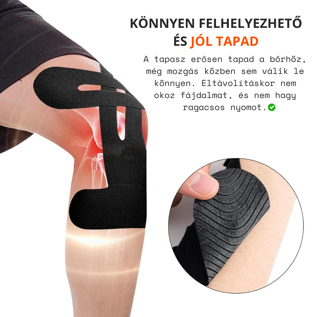 TestKomfort™ – Előre vágott, rugalmas, vízálló, bőrbarát kineziológiai térdszalag