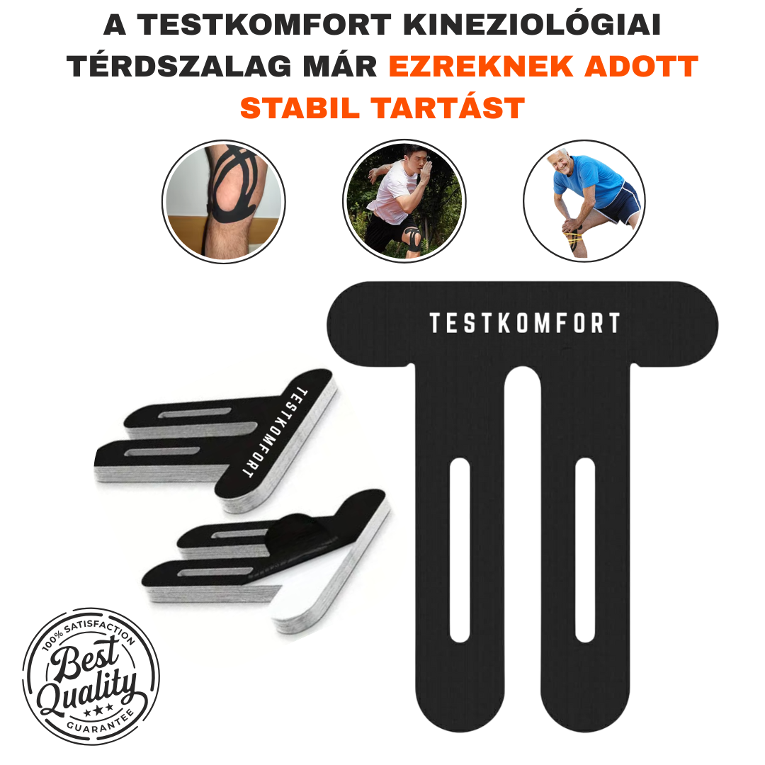 TestKomfort™ – Előre vágott, rugalmas, vízálló, bőrbarát kineziológiai térdszalag