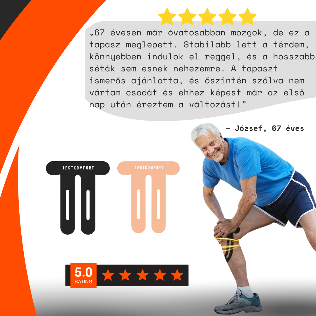 TestKomfort™ – Előre vágott, rugalmas, vízálló, bőrbarát kineziológiai térdszalag